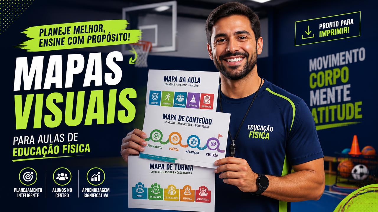 Professor de Educação Física apresentando os mapas visuais impressos